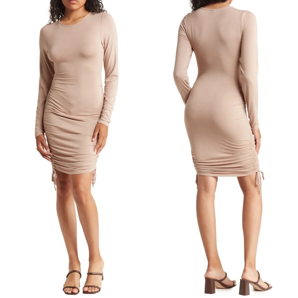 NEW Nordstrom Side Ruched Long Sleeve Dress Side Ties‎ Size XL Beige Tan Nude